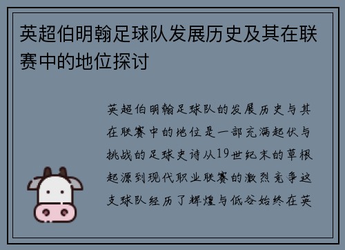 英超伯明翰足球队发展历史及其在联赛中的地位探讨