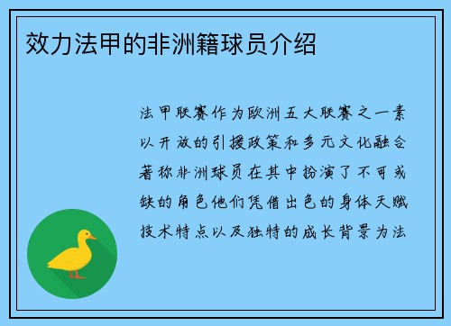 效力法甲的非洲籍球员介绍