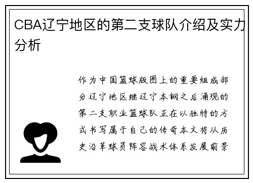 CBA辽宁地区的第二支球队介绍及实力分析