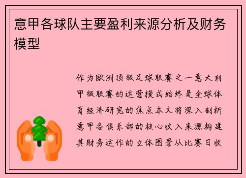 意甲各球队主要盈利来源分析及财务模型
