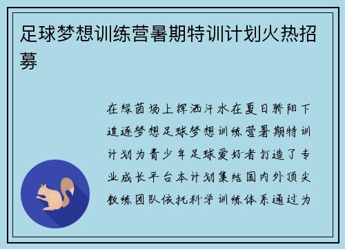 足球梦想训练营暑期特训计划火热招募