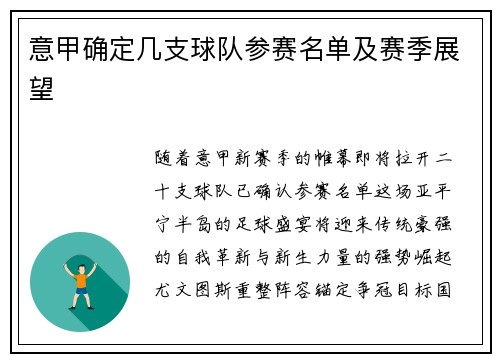 意甲确定几支球队参赛名单及赛季展望